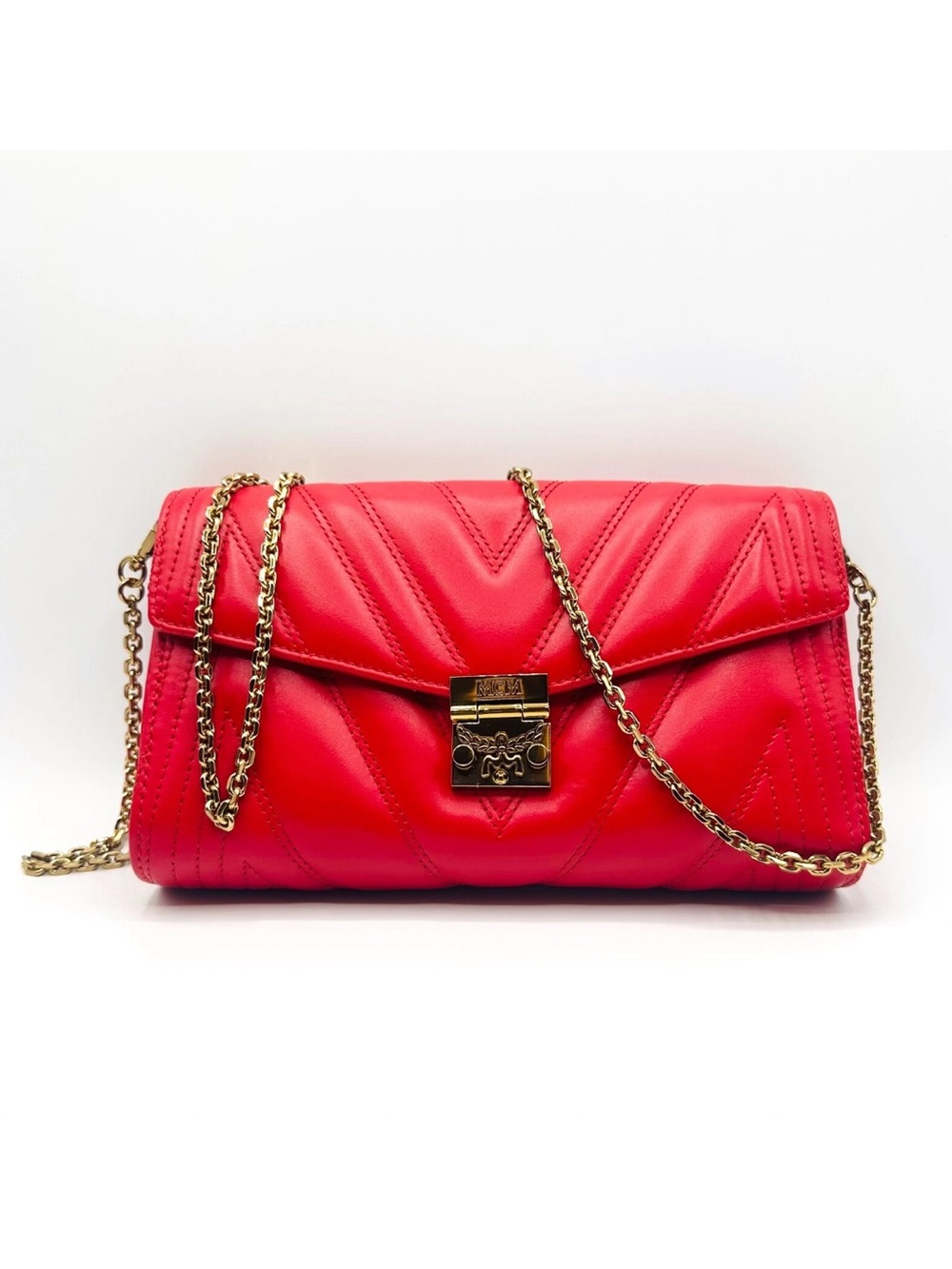 MCM Millie Quilted Leather Crossbody Chain Strap Bag Red Coquette Clean LIKE NEW